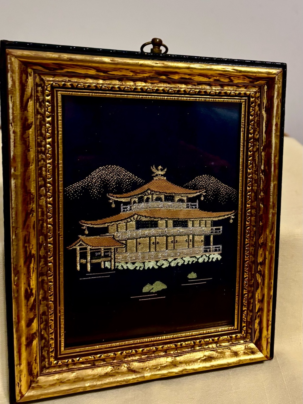 Japanese 4” X 6” Gold Foiled Velvet Embroidered Artwork Golden Pavilion In Kyoto